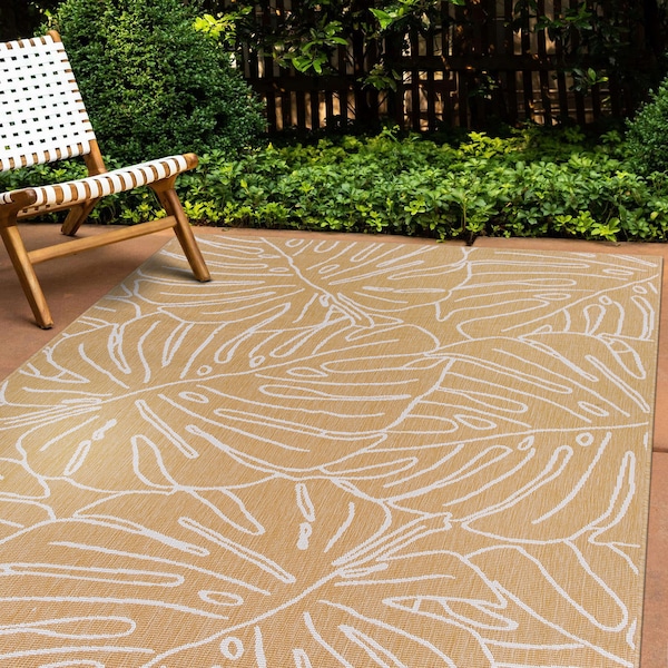 World Rug Gallery Contemporary Tropical Leaves Weather Resistant Indoor/Outdoor Area Rug 5' x 7' Yellow 4031YELLOW5X7 - main